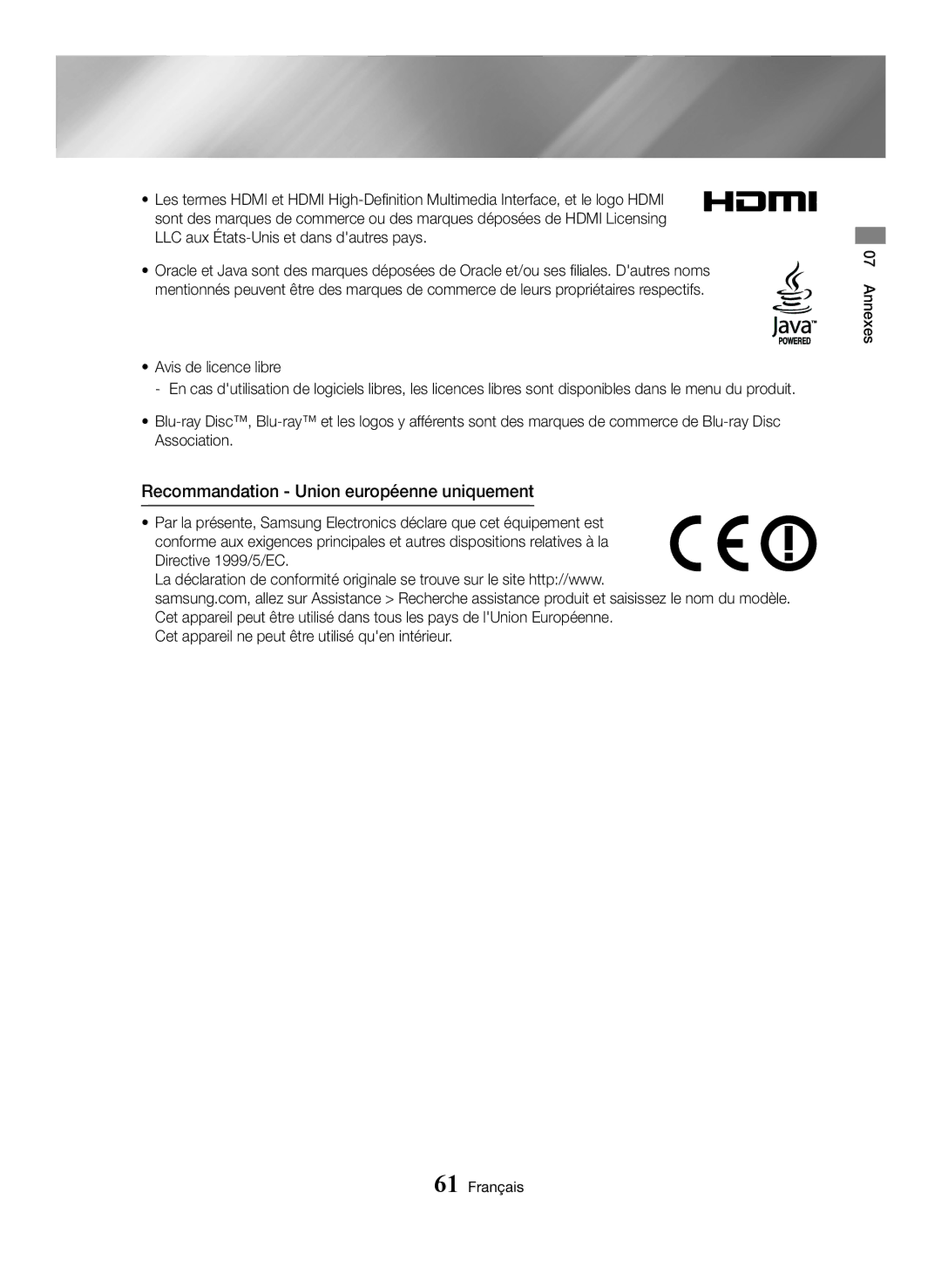 Samsung BD-H6500/XN, BD-H6500/EN, BD-H6500/ZF, BD-H6500/XU, BD-H6500/XE manual Recommandation Union européenne uniquement 