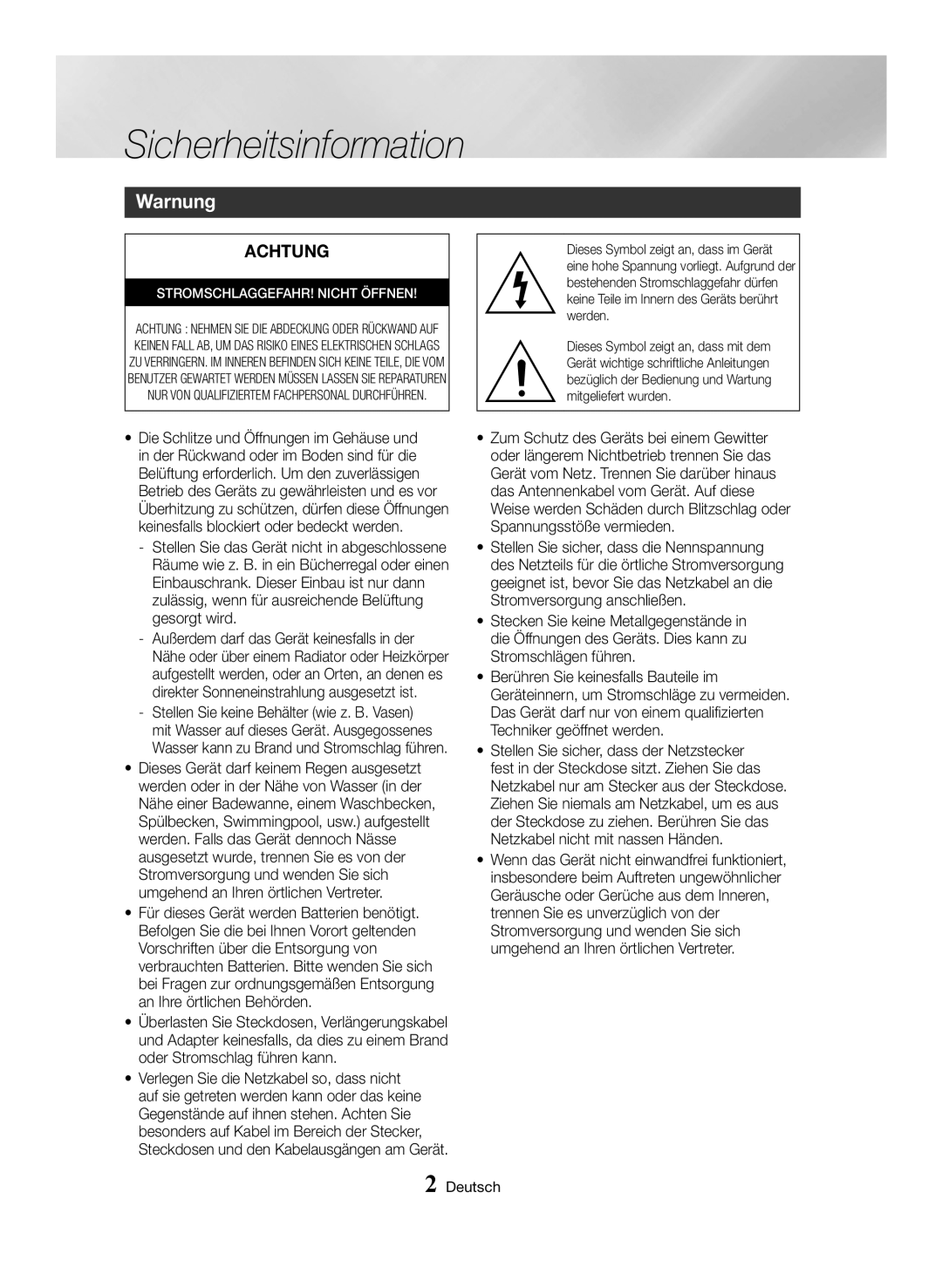 Samsung BD-H6500/XN, BD-H6500/EN, BD-H6500/ZF, BD-H6500/XU, BD-H6500/XE manual Sicherheitsinformation, Warnung 