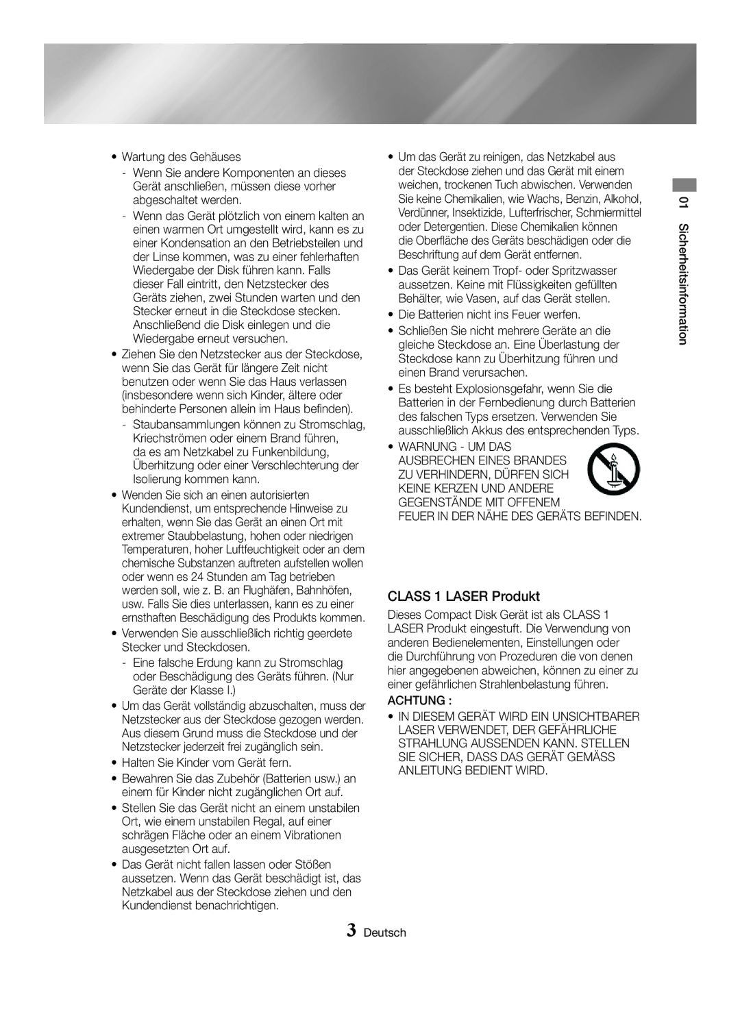 Samsung BD-H6500/EN Class 1 Laser Produkt, Halten Sie Kinder vom Gerät fern, Die Batterien nicht ins Feuer werfen, Achtung 