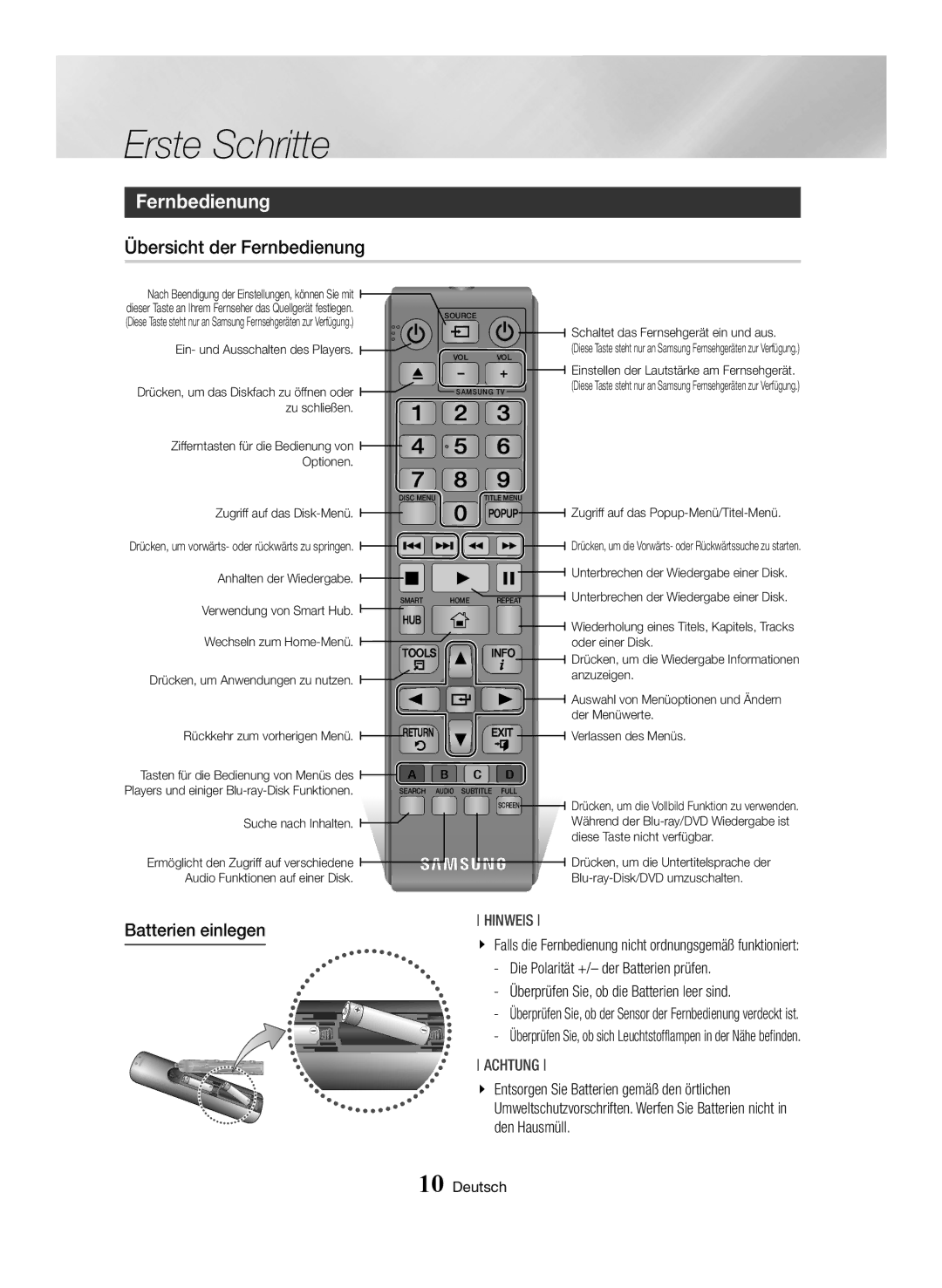 Samsung BD-H6500/XU, BD-H6500/EN, BD-H6500/ZF, BD-H6500/XE, BD-H6500/XN Übersicht der Fernbedienung, Batterien einlegen 