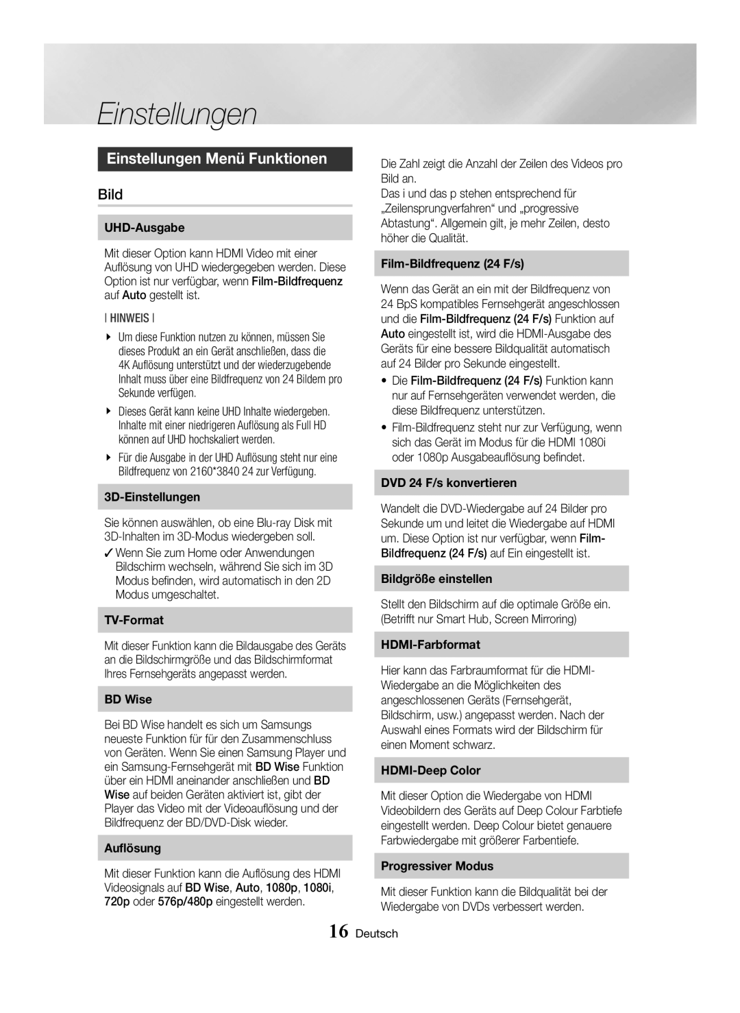 Samsung BD-H6500/XE, BD-H6500/EN, BD-H6500/ZF, BD-H6500/XU, BD-H6500/XN manual Einstellungen Menü Funktionen, Bild 