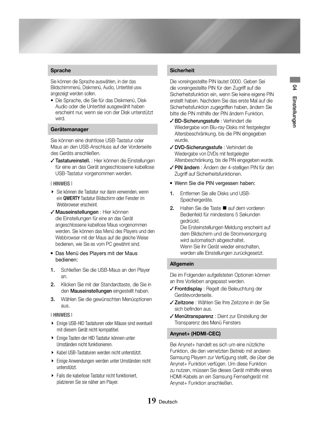 Samsung BD-H6500/ZF manual Sprache, Gerätemanager, Wählen Sie die gewünschten Menüoptionen aus, Sicherheit, Allgemein 