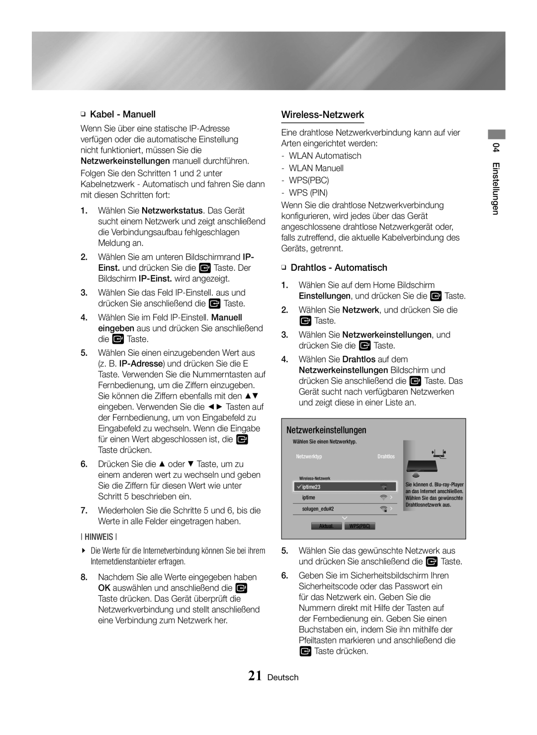 Samsung BD-H6500/XE, BD-H6500/EN, BD-H6500/ZF, BD-H6500/XU, BD-H6500/XN manual Wireless-Netzwerk 