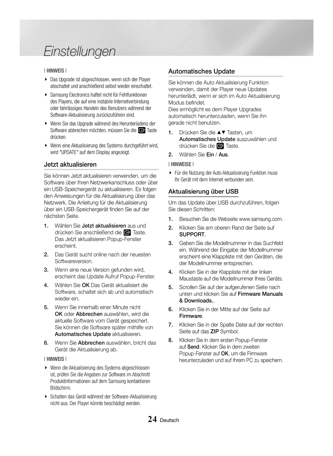 Samsung BD-H6500/ZF, BD-H6500/EN, BD-H6500/XU, BD-H6500/XE, BD-H6500/XN manual Aktualisierung über USB, Support 