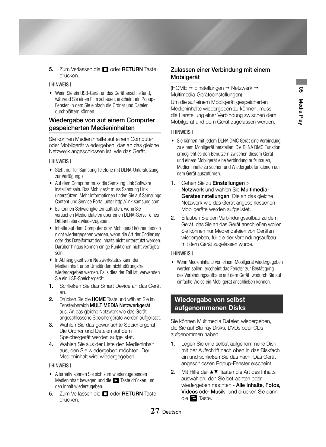 Samsung BD-H6500/XN manual Zulassen einer Verbindung mit einem Mobilgerät, Zum Verlassen die 5 oder Return Taste drücken 