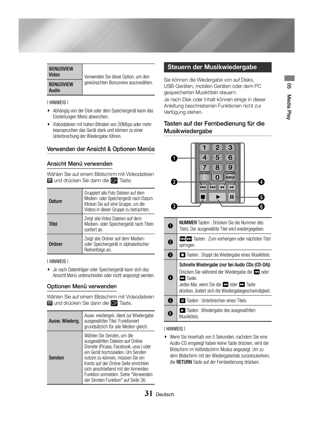 Samsung BD-H6500/XE, BD-H6500/EN manual Steuern der Musikwiedergabe, Tasten auf der Fernbedienung für die Musikwiedergabe 