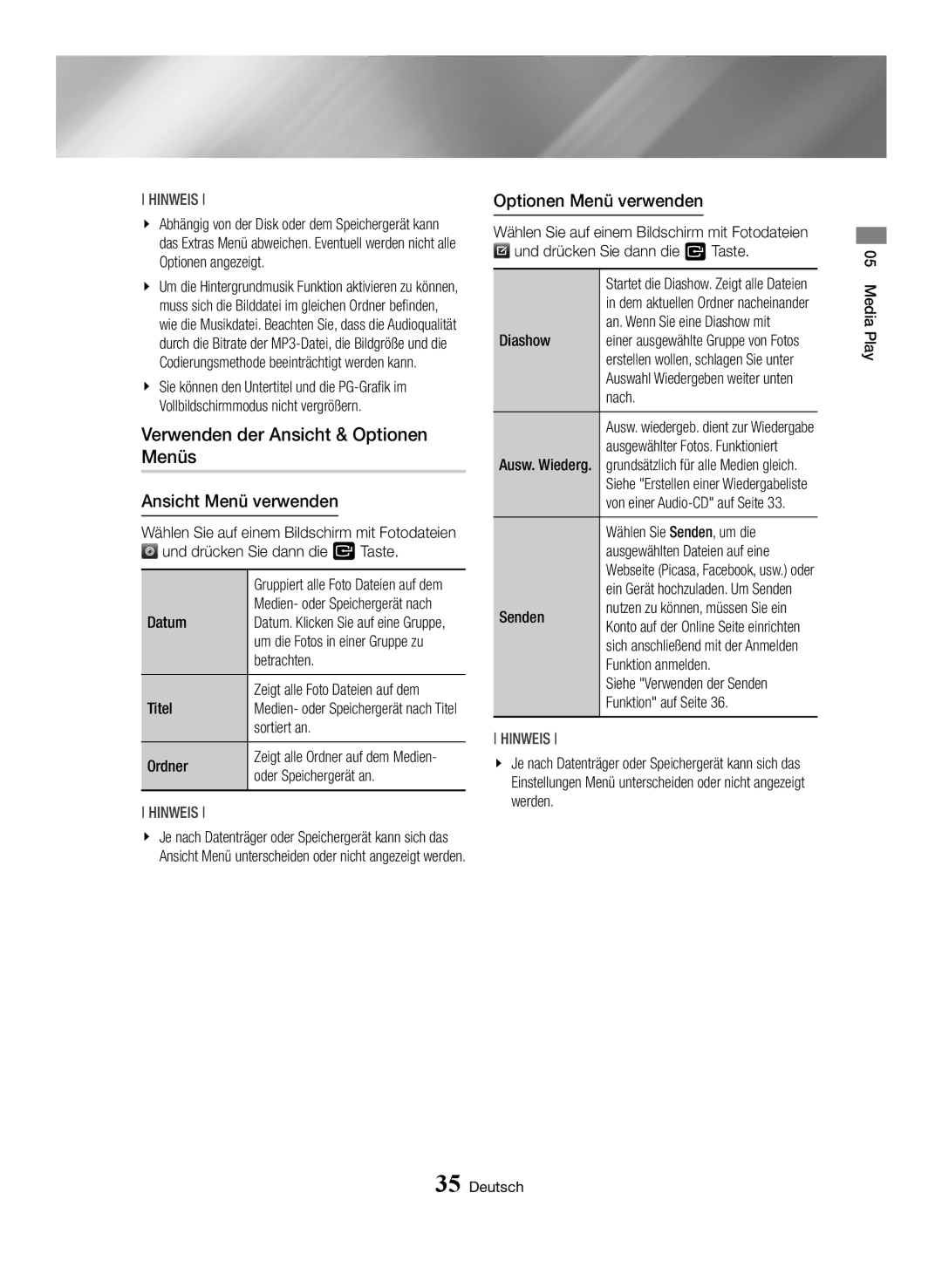 Samsung BD-H6500/XU, BD-H6500/EN, BD-H6500/ZF, BD-H6500/XE, BD-H6500/XN manual Verwenden der Ansicht & Optionen Menüs 