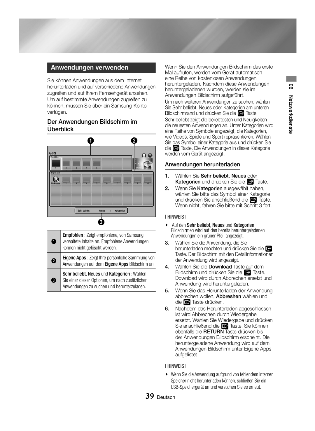 Samsung BD-H6500/ZF, BD-H6500/EN Anwendungen verwenden, Der Anwendungen Bildschirm im Überblick, Anwendungen herunterladen 