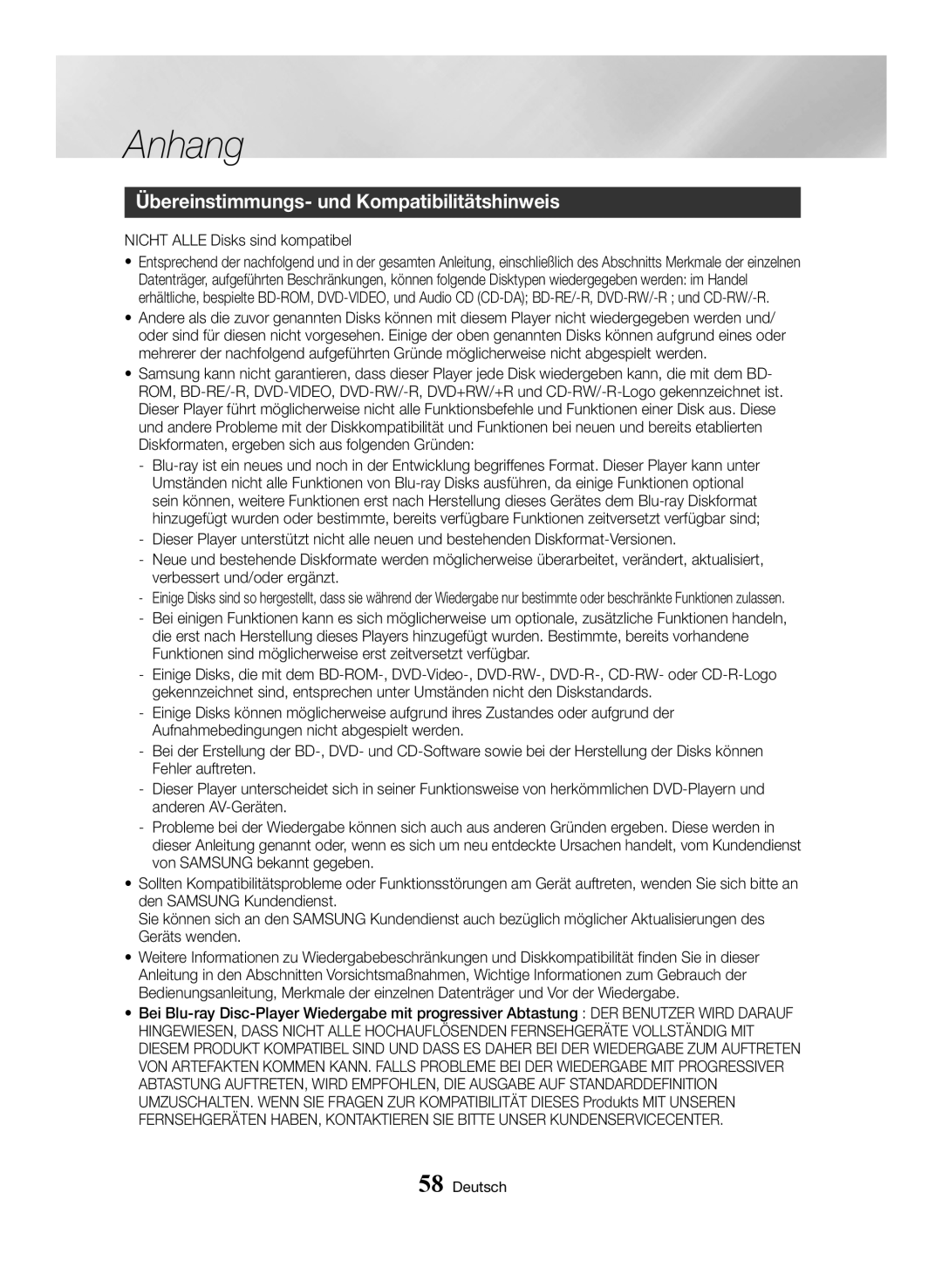 Samsung BD-H6500/EN, BD-H6500/ZF manual Übereinstimmungs- und Kompatibilitätshinweis, Nicht Alle Disks sind kompatibel 