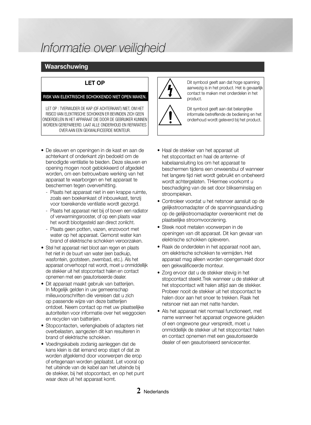 Samsung BD-H6500/XE, BD-H6500/EN, BD-H6500/ZF, BD-H6500/XU, BD-H6500/XN manual Informatie over veiligheid, Waarschuwing 