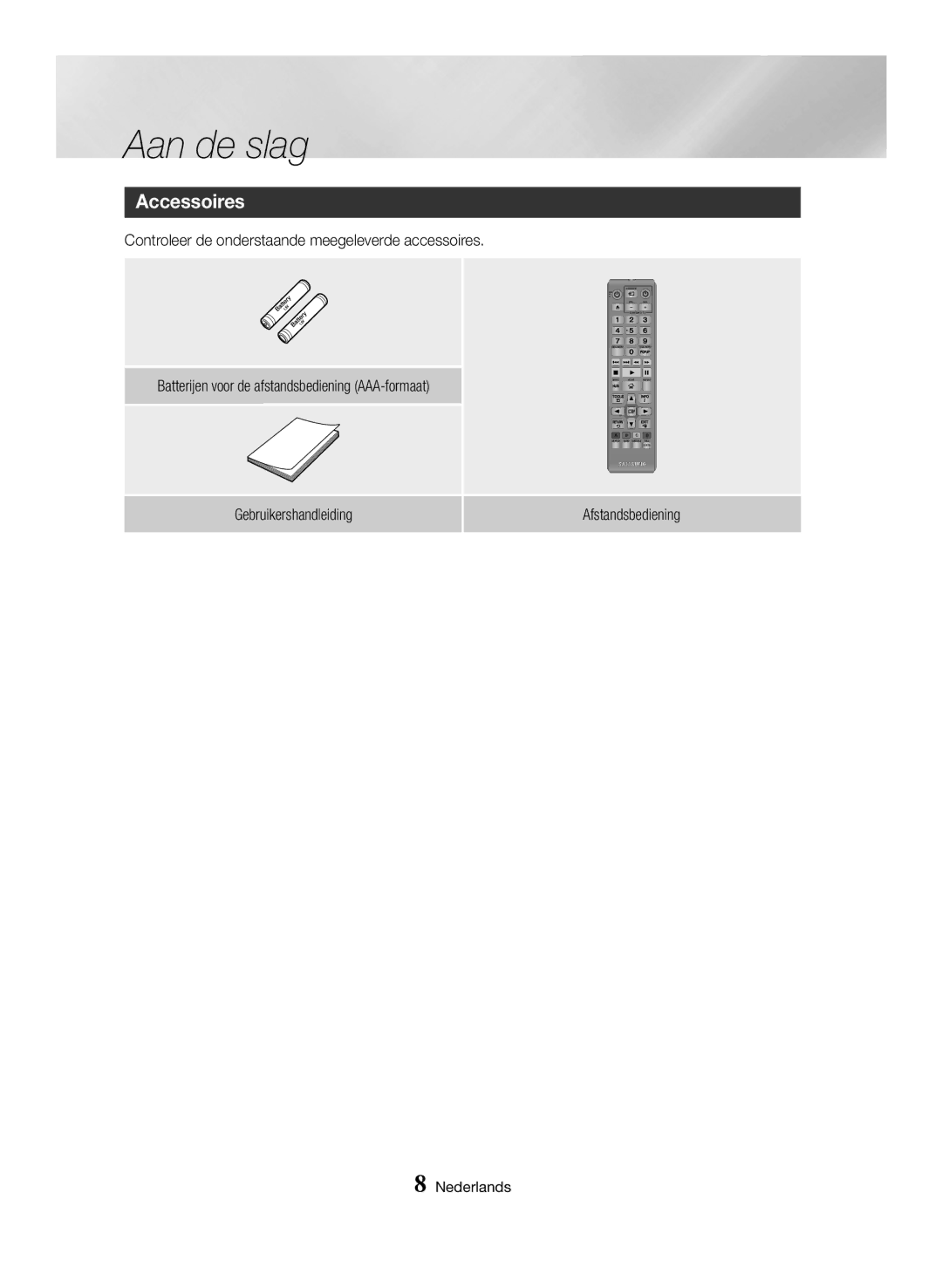 Samsung BD-H6500/XN, BD-H6500/EN, BD-H6500/ZF, BD-H6500/XU, BD-H6500/XE Aan de slag, Gebruikershandleiding Afstandsbediening 