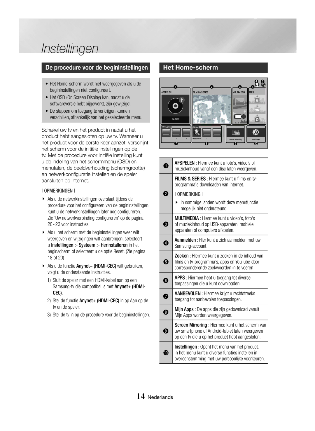 Samsung BD-H6500/EN, BD-H6500/ZF, BD-H6500/XU, BD-H6500/XE, BD-H6500/XN manual Instellingen, Het Home-scherm 