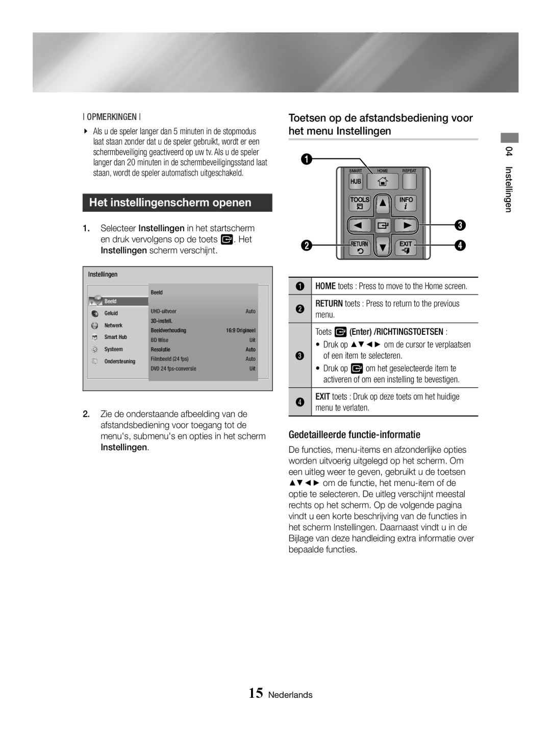 Samsung BD-H6500/ZF, BD-H6500/EN Het instellingenscherm openen, Toetsen op de afstandsbediening voor het menu Instellingen 