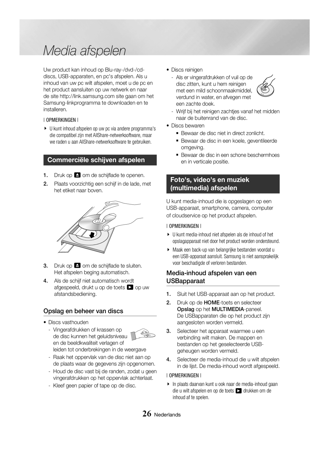 Samsung BD-H6500/XU, BD-H6500/EN, BD-H6500/ZF Media afspelen, Commerciële schijven afspelen, Opslag en beheer van discs 