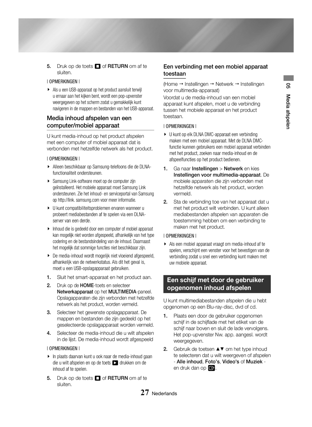 Samsung BD-H6500/XE Media inhoud afspelen van een computer/mobiel apparaat, Druk op de toets 5 of Return om af te sluiten 