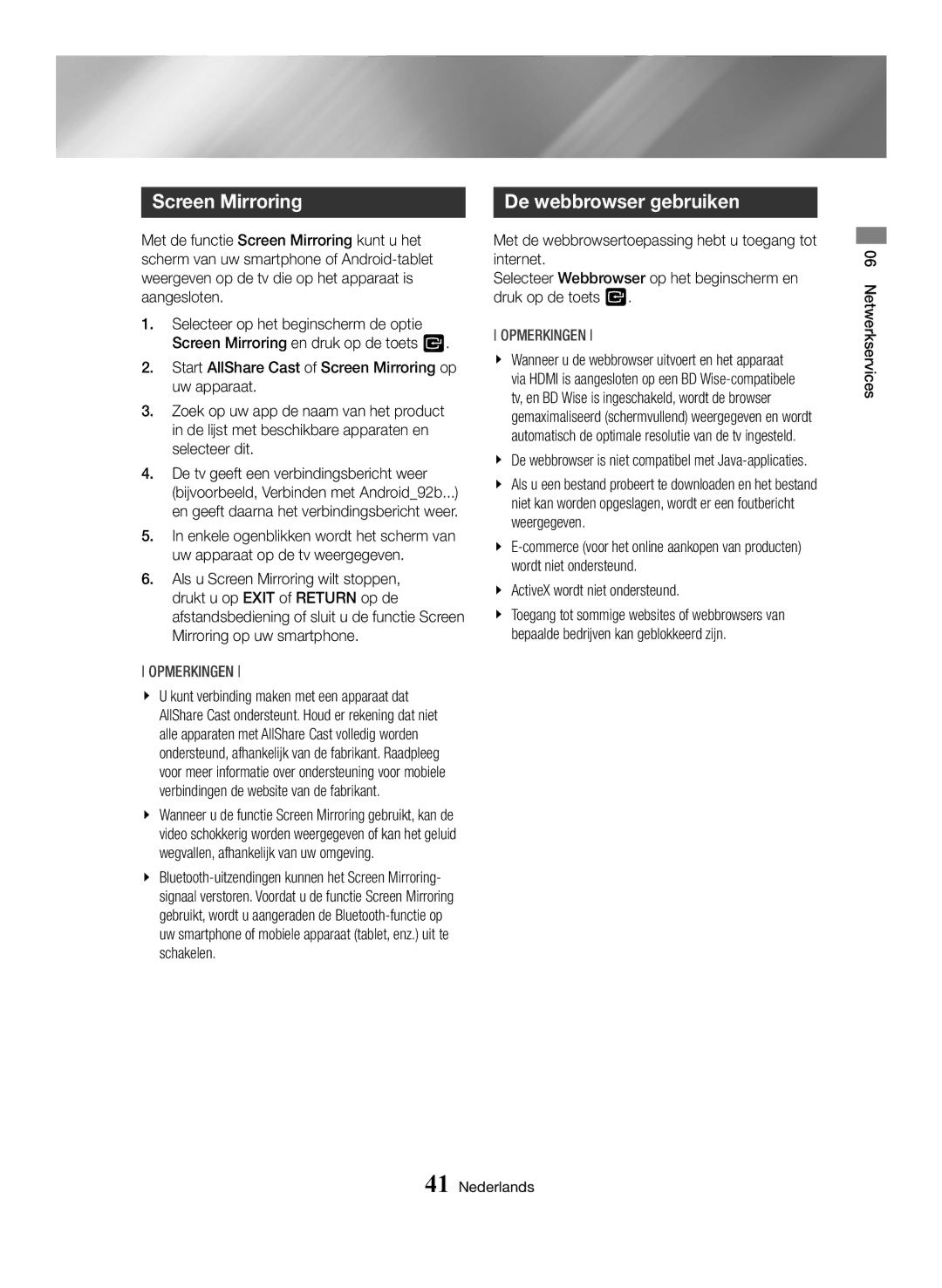Samsung BD-H6500/XU, BD-H6500/EN, BD-H6500/ZF, BD-H6500/XE, BD-H6500/XN manual Screen Mirroring, De webbrowser gebruiken 