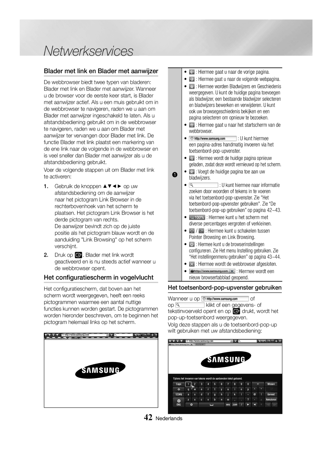 Samsung BD-H6500/XE, BD-H6500/EN manual Het configuratiescherm in vogelvlucht, Blader met link en Blader met aanwijzer 