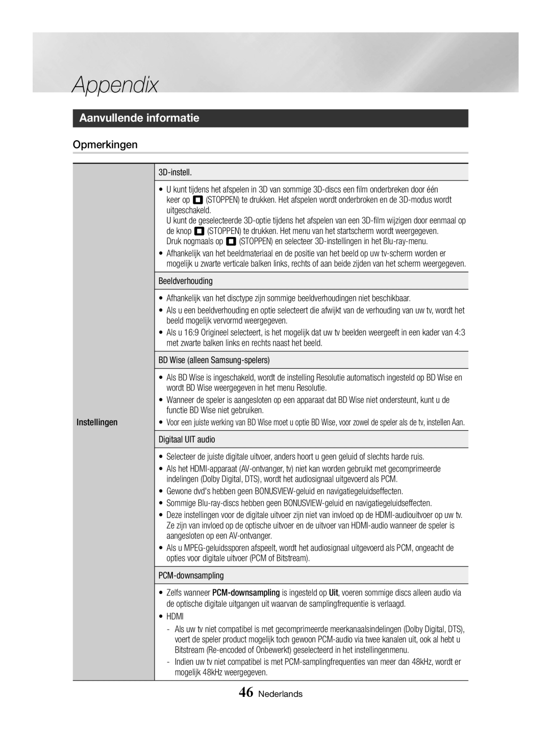 Samsung BD-H6500/XU, BD-H6500/EN, BD-H6500/ZF manual Aanvullende informatie, Opmerkingen, BD Wise alleen Samsung-spelers 