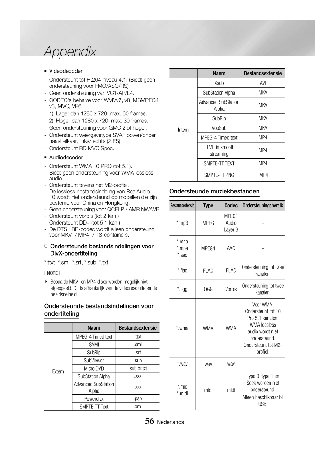 Samsung BD-H6500/XU, BD-H6500/EN manual Ondersteunde bestandsindelingen voor ondertiteling, Ondersteunde muziekbestanden 