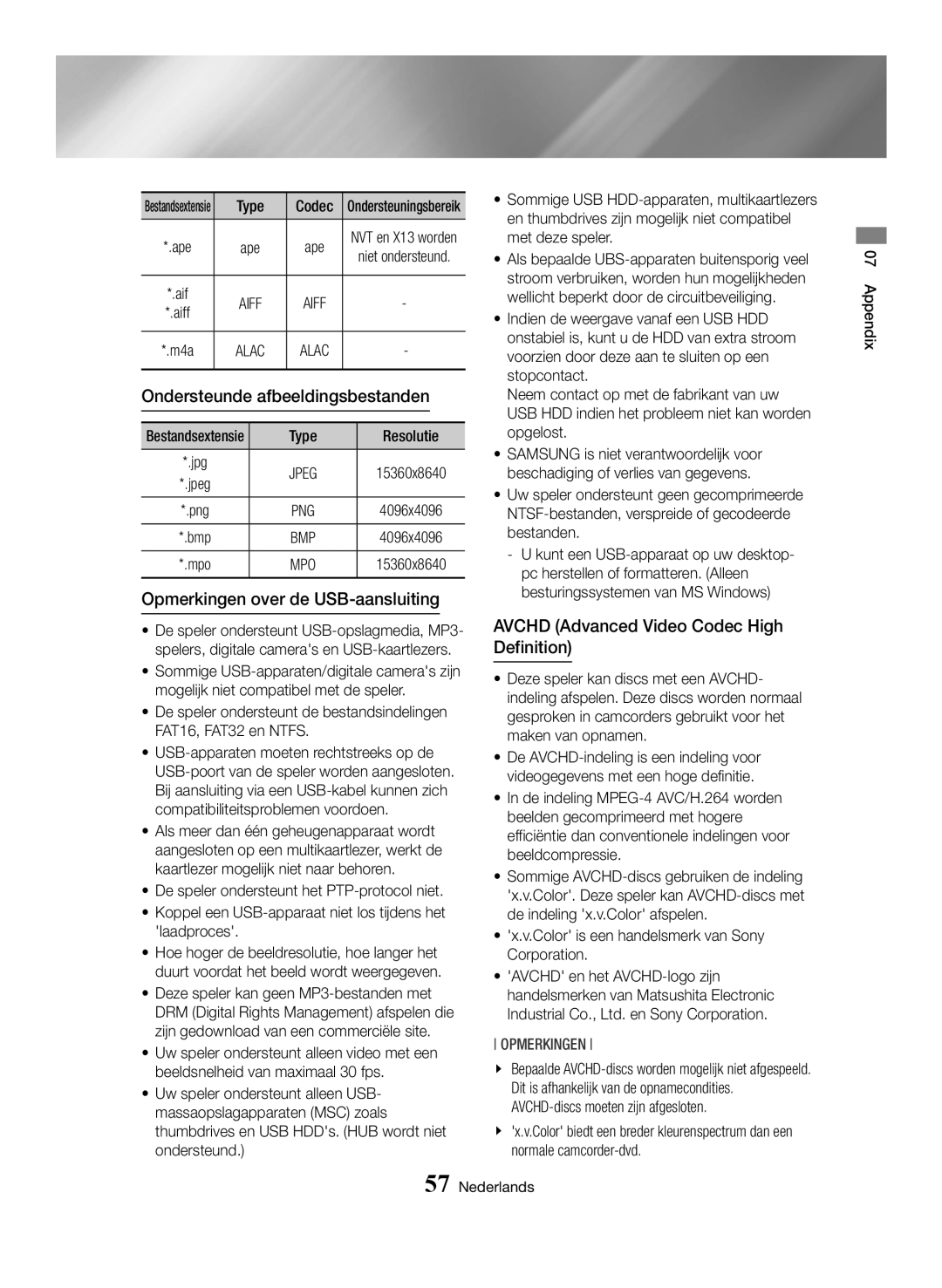 Samsung BD-H6500/XE, BD-H6500/EN, BD-H6500/ZF manual Ondersteunde afbeeldingsbestanden, Opmerkingen over de USB-aansluiting 