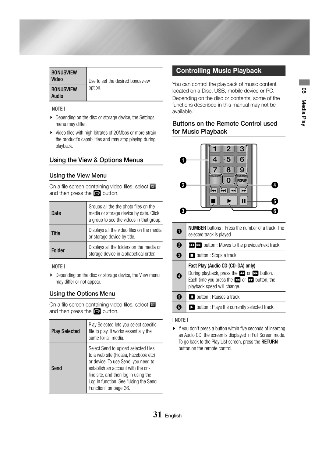 Samsung BD-H6500/ZF, BD-H6500/EN manual Using the View & Options Menus, Controlling Music Playback, Using the View Menu 