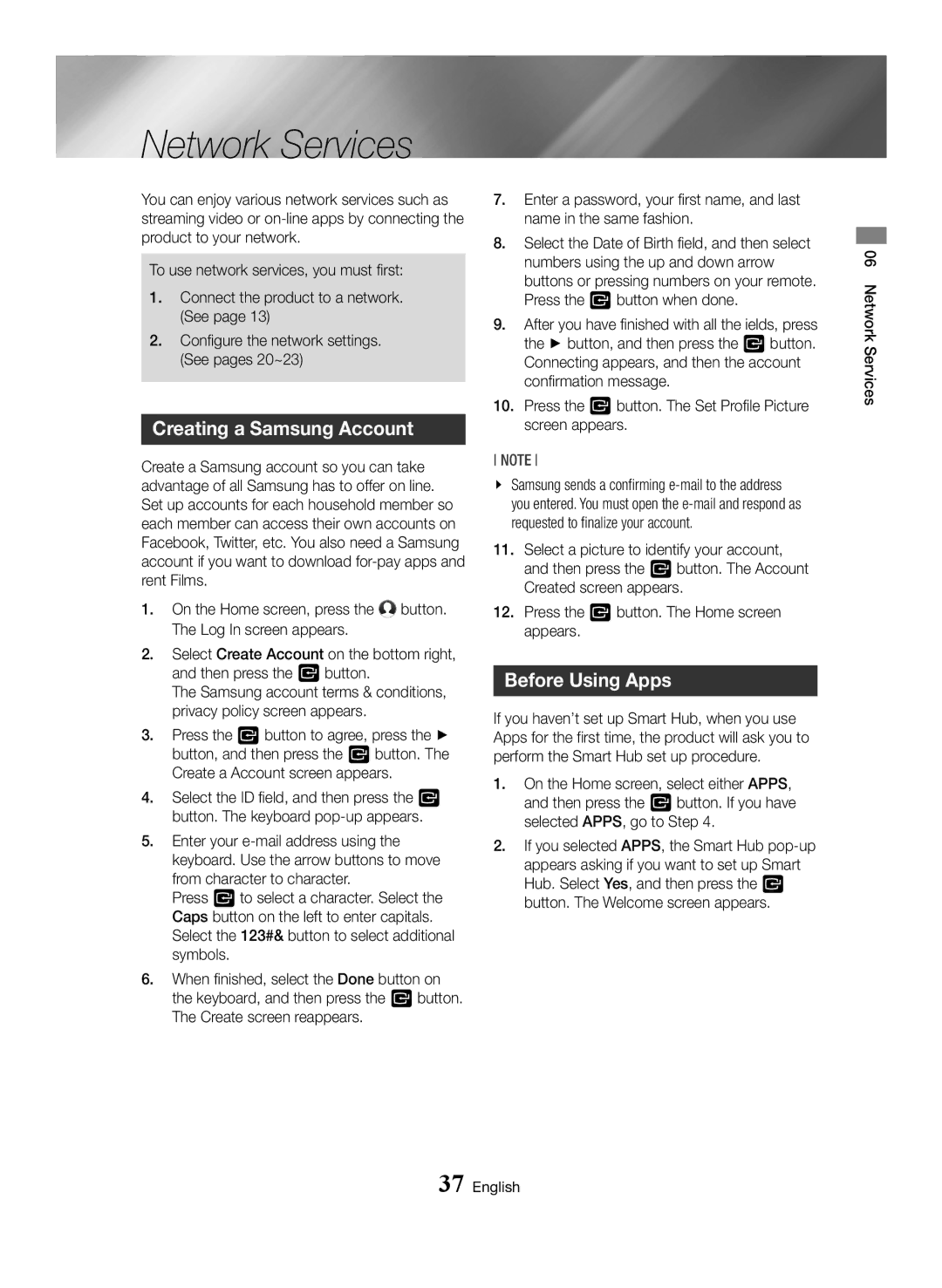Samsung BD-H6500/XU, BD-H6500/EN, BD-H6500/ZF, BD-H6500/XE Network Services, Creating a Samsung Account, Before Using Apps 