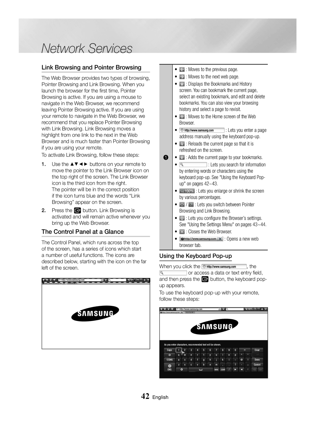 Samsung BD-H6500/XU, BD-H6500/EN Link Browsing and Pointer Browsing, Control Panel at a Glance, Using the Keyboard Pop-up 