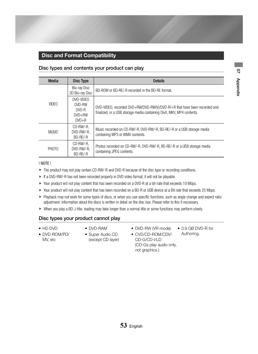 Samsung BD-H6500/XE, BD-H6500/EN, BD-H6500/ZF Disc and Format Compatibility, Disc types and contents your product can play 