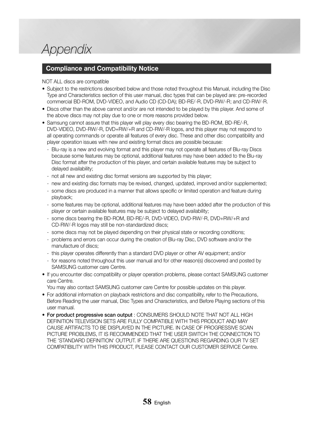 Samsung BD-H6500/XE, BD-H6500/EN, BD-H6500/ZF, BD-H6500/XU, BD-H6500/XN manual Compliance and Compatibility Notice 