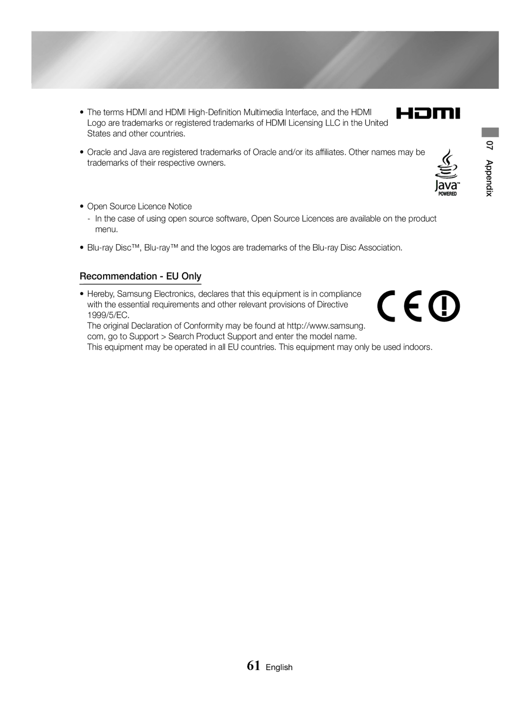 Samsung BD-H6500/ZF, BD-H6500/EN, BD-H6500/XU, BD-H6500/XE, BD-H6500/XN manual Recommendation EU Only 