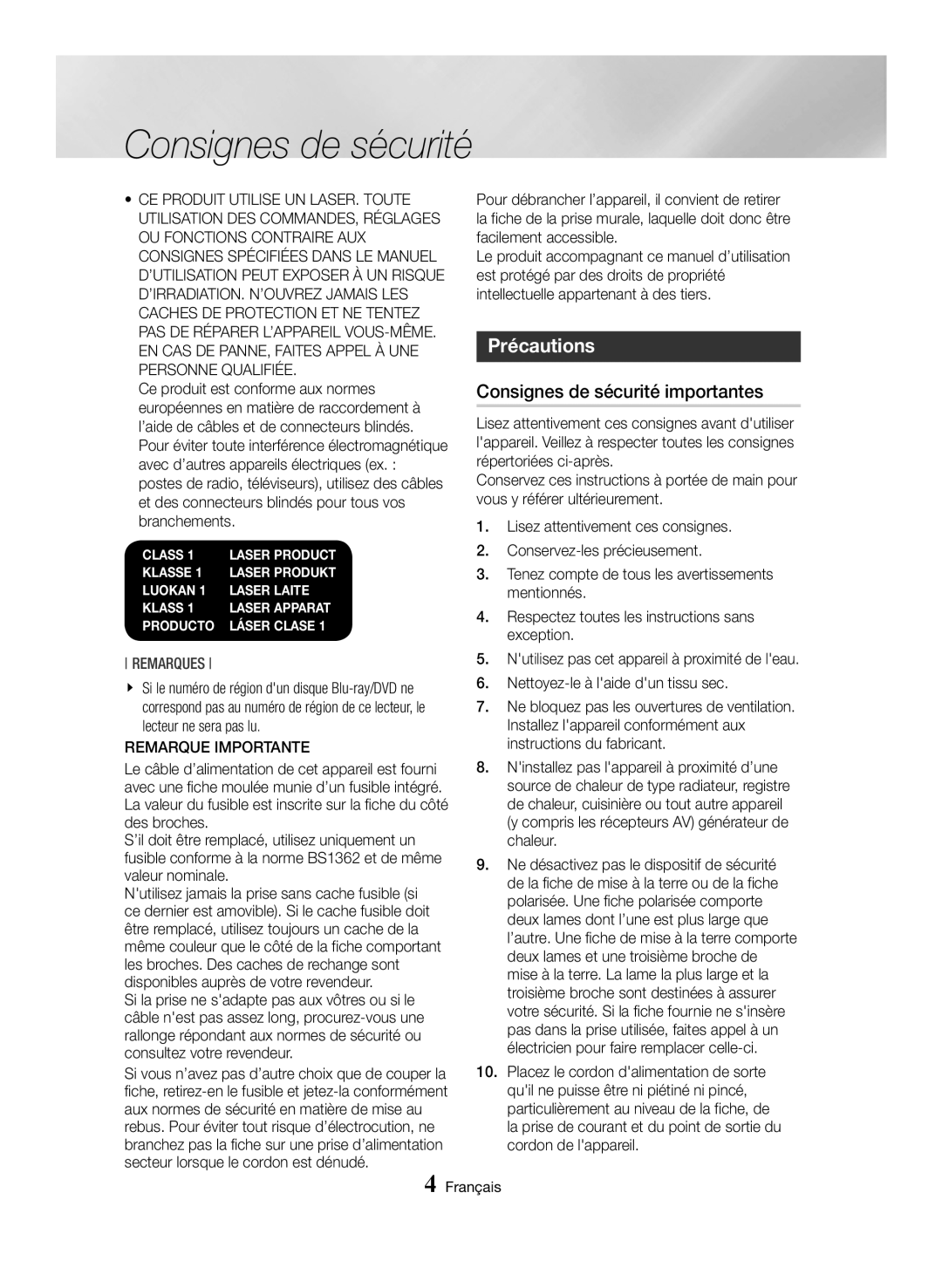 Samsung BD-H6500/XU, BD-H6500/EN, BD-H6500/ZF manual Précautions, Consignes de sécurité importantes, Remarque Importante 