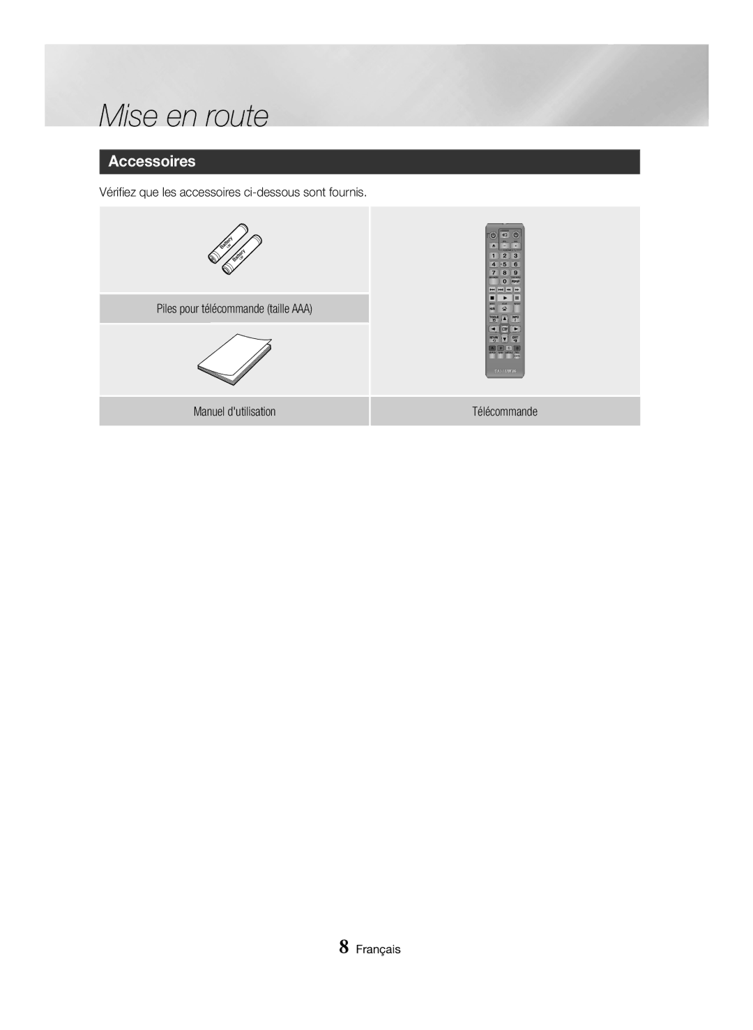 Samsung BD-H6500/ZF, BD-H6500/EN, BD-H6500/XU, BD-H6500/XE manual Mise en route, Accessoires, Manuel dutilisation Télécommande 