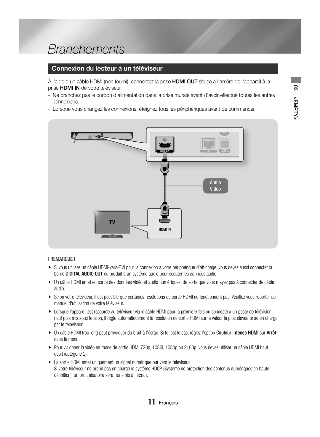 Samsung BD-H6500/XN, BD-H6500/EN, BD-H6500/ZF, BD-H6500/XU, BD-H6500/XE Branchements, Connexion du lecteur à un téléviseur 