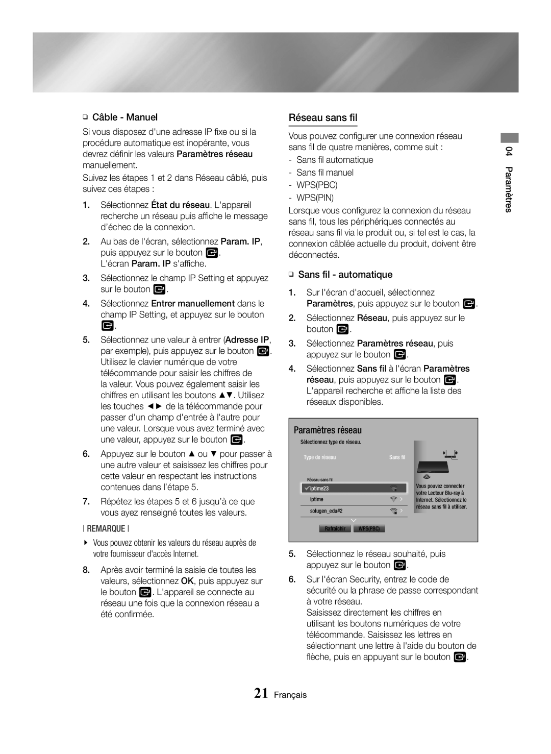 Samsung BD-H6500/XN, BD-H6500/EN, BD-H6500/ZF, BD-H6500/XU, BD-H6500/XE manual Réseau sans fil, Wpspbc Wpspin 