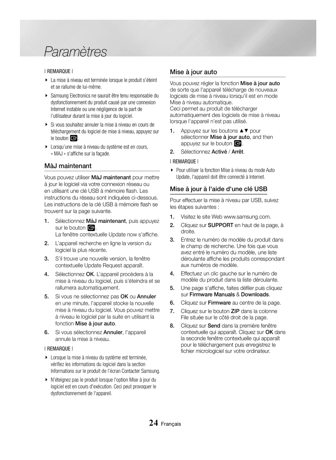 Samsung BD-H6500/XU, BD-H6500/EN, BD-H6500/ZF manual Mise à jour à laide dune clé USB, Cliquez sur Firmware au centre de la 