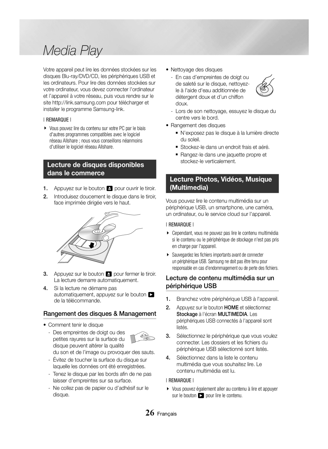 Samsung BD-H6500/XN, BD-H6500/EN manual Rangement des disques & Management, Lecture Photos, Vidéos, Musique Multimedia 
