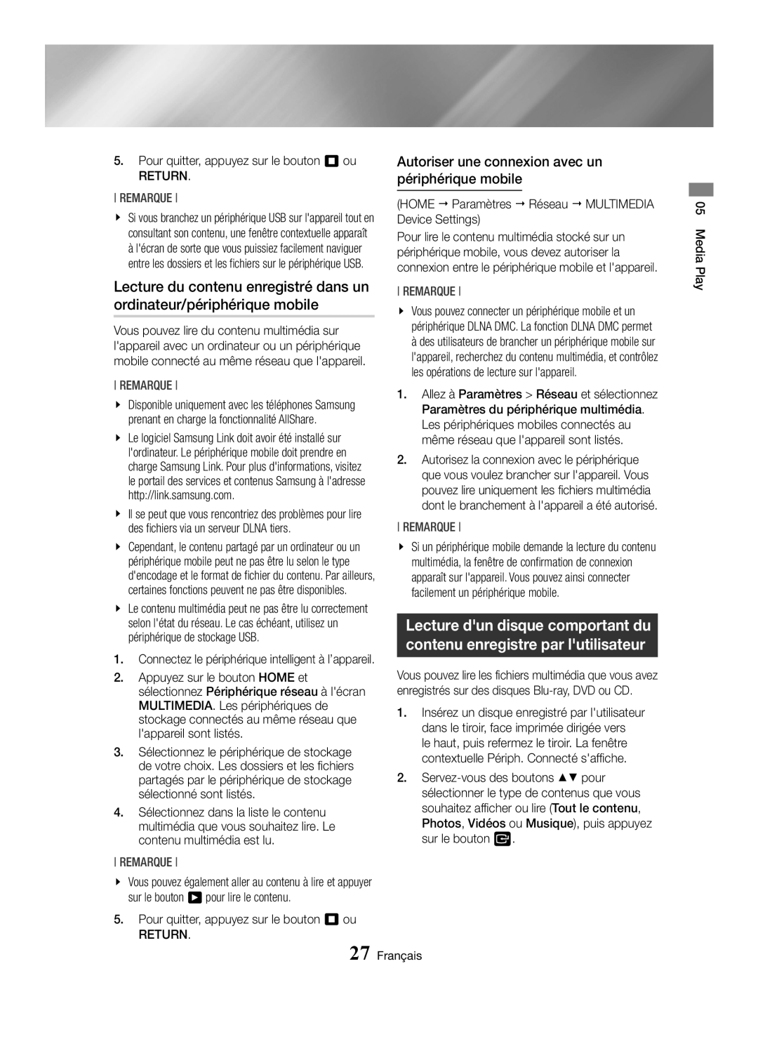 Samsung BD-H6500/EN Autoriser une connexion avec un périphérique mobile, Pour quitter, appuyez sur le bouton 5 ou, Return 