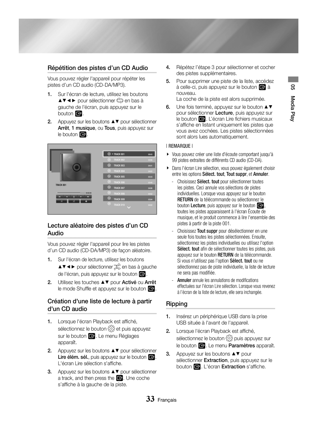 Samsung BD-H6500/ZF, BD-H6500/EN manual Répétition des pistes d’un CD Audio, Lecture aléatoire des pistes d’un CD Audio 