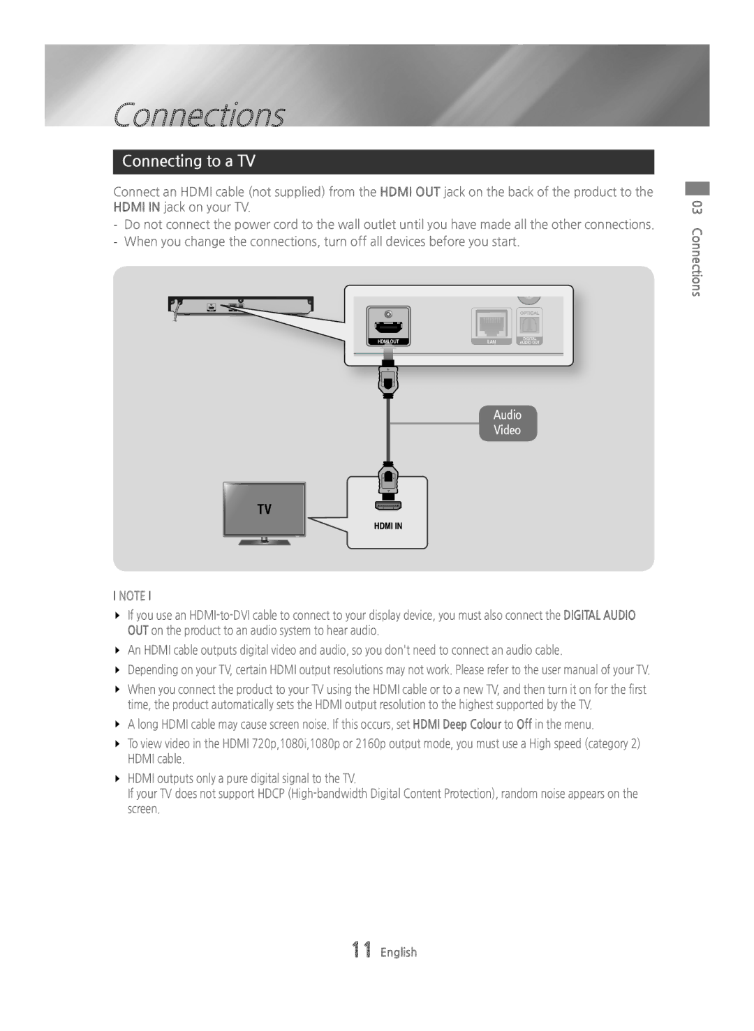 Samsung BD-H6500/ZF, BD-H6500/EN, BD-H6500/XU, BD-H6500/XE, BD-H6500/XN manual Connections, Connecting to a TV 