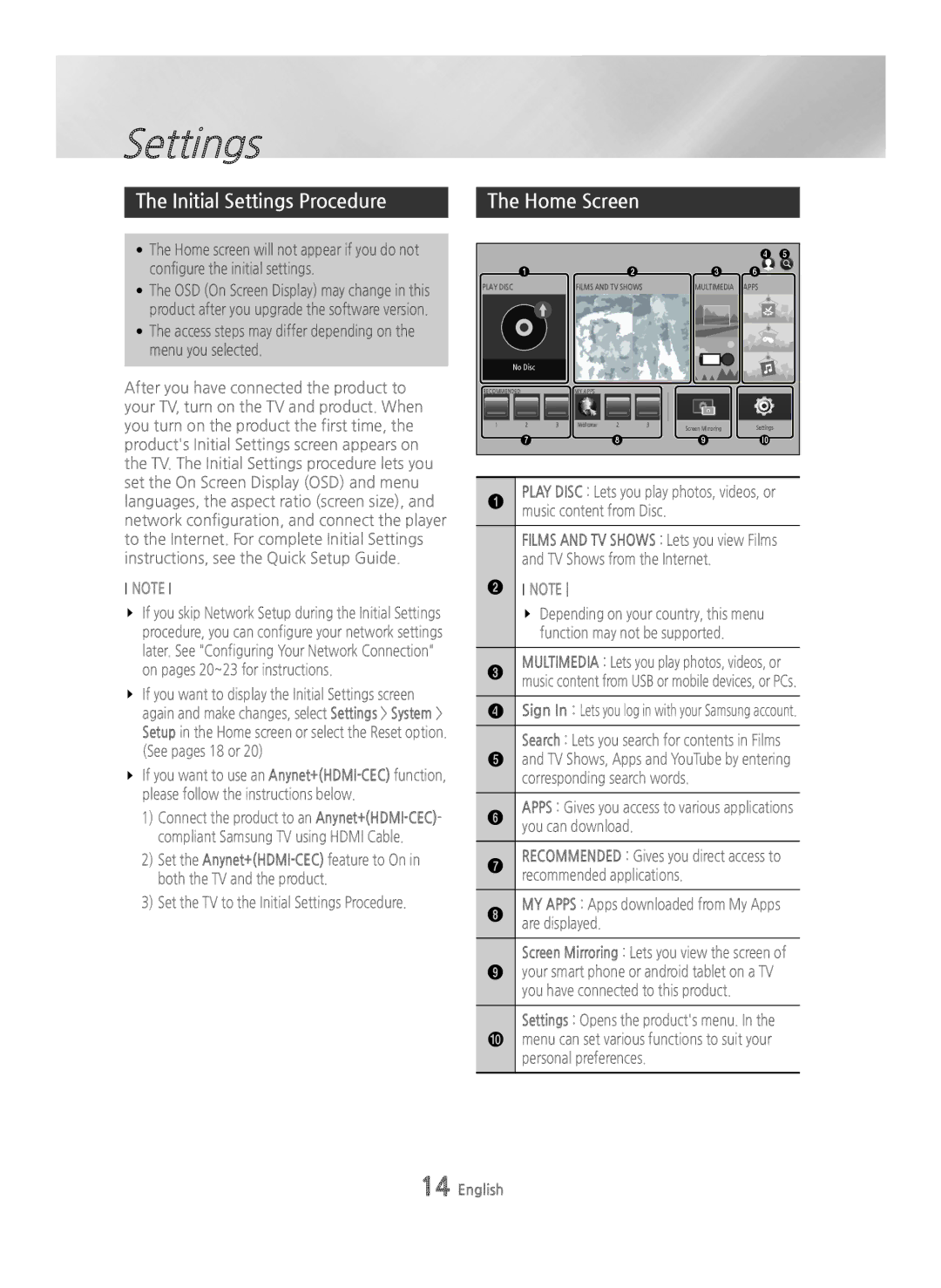 Samsung BD-H6500/XN, BD-H6500/EN, BD-H6500/ZF, BD-H6500/XU, BD-H6500/XE manual Initial Settings Procedure, Home Screen 