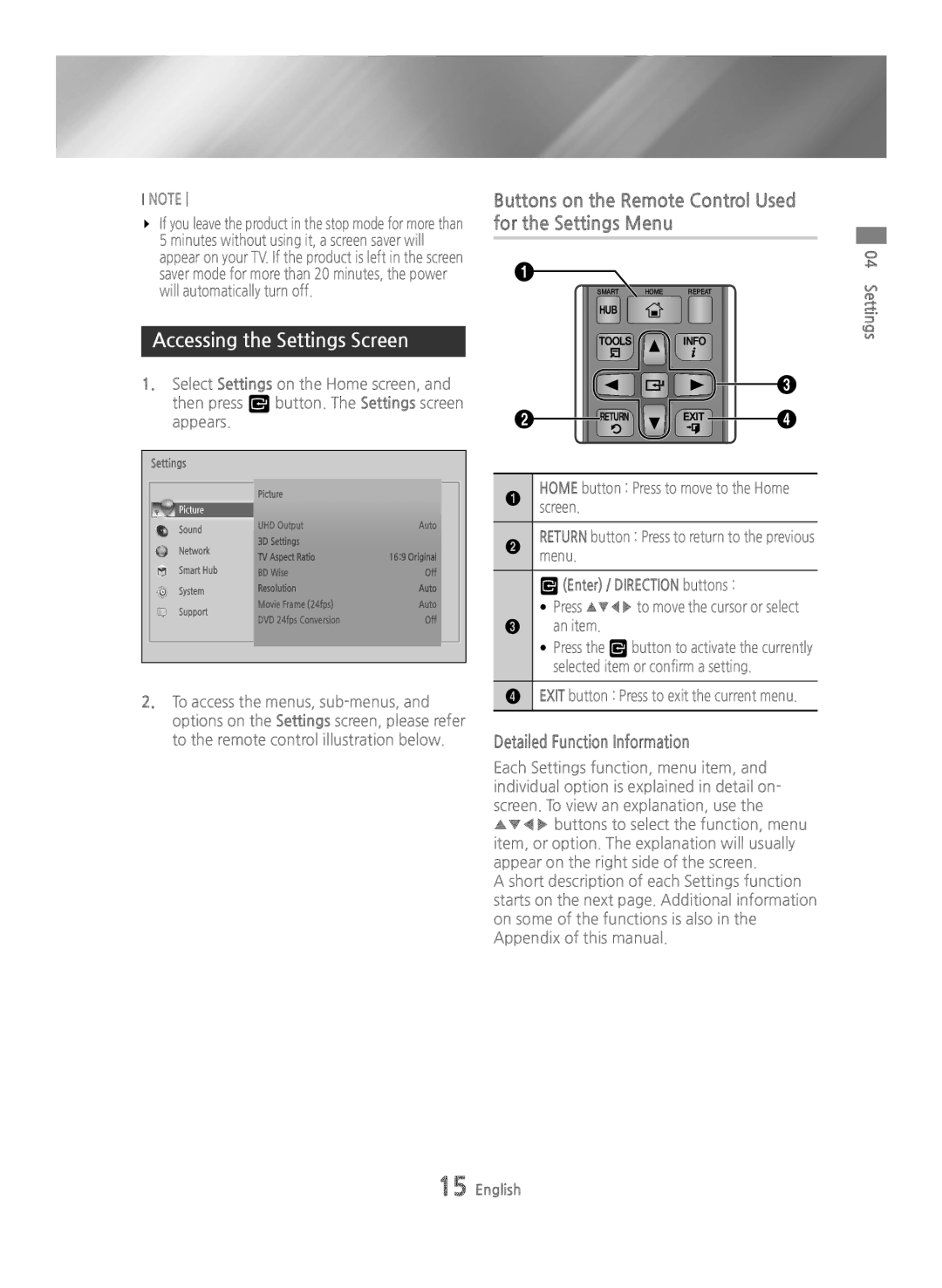 Samsung BD-H6500/EN, BD-H6500/ZF Accessing the Settings Screen, Buttons on the Remote Control Used for the Settings Menu 