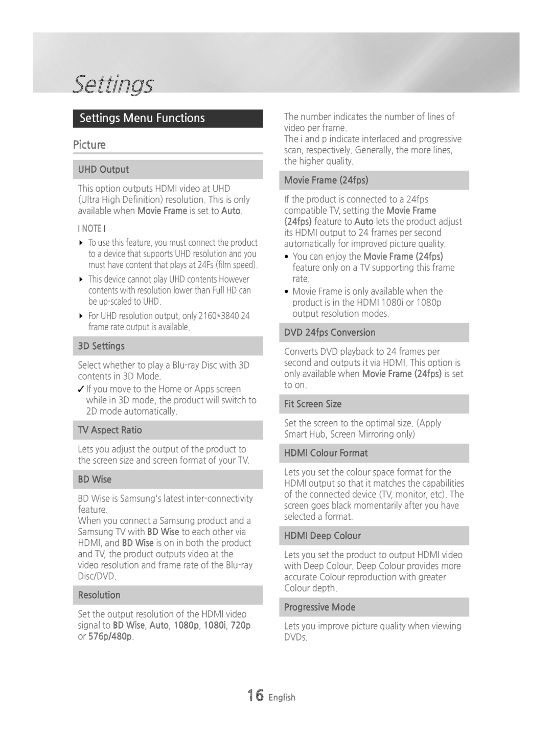 Samsung BD-H6500/ZF, BD-H6500/EN, BD-H6500/XU, BD-H6500/XE, BD-H6500/XN manual Settings Menu Functions, Picture 