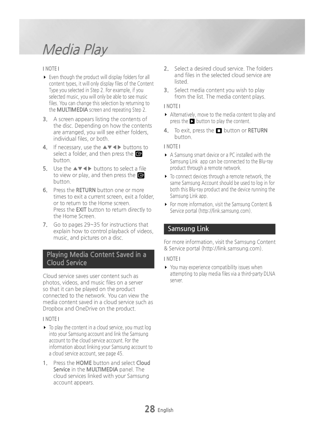 Samsung BD-H6500/XE, BD-H6500/EN, BD-H6500/ZF, BD-H6500/XU manual Playing Media Content Saved in a Cloud Service, Samsung Link 