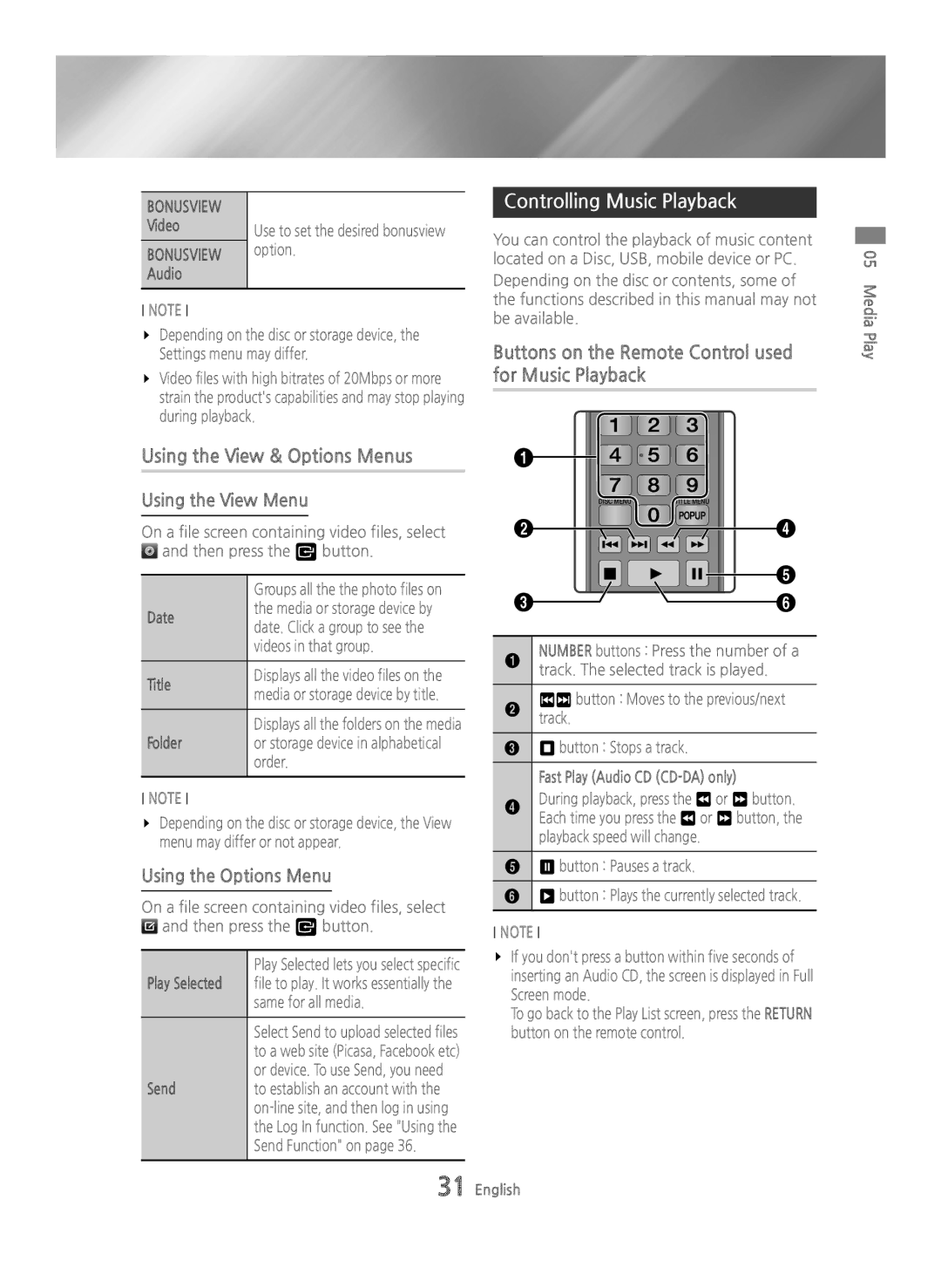 Samsung BD-H6500/ZF, BD-H6500/EN manual Using the View & Options Menus, Controlling Music Playback, Using the View Menu 