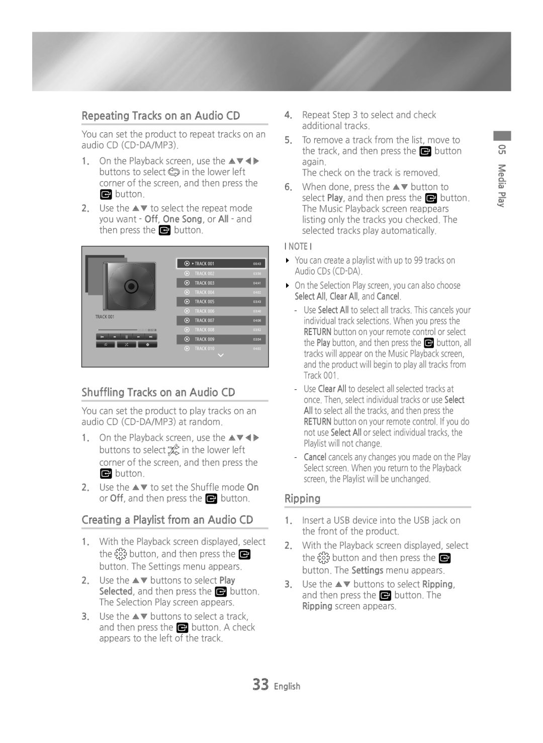 Samsung BD-H6500/XE Repeating Tracks on an Audio CD, Shuffling Tracks on an Audio CD, Creating a Playlist from an Audio CD 