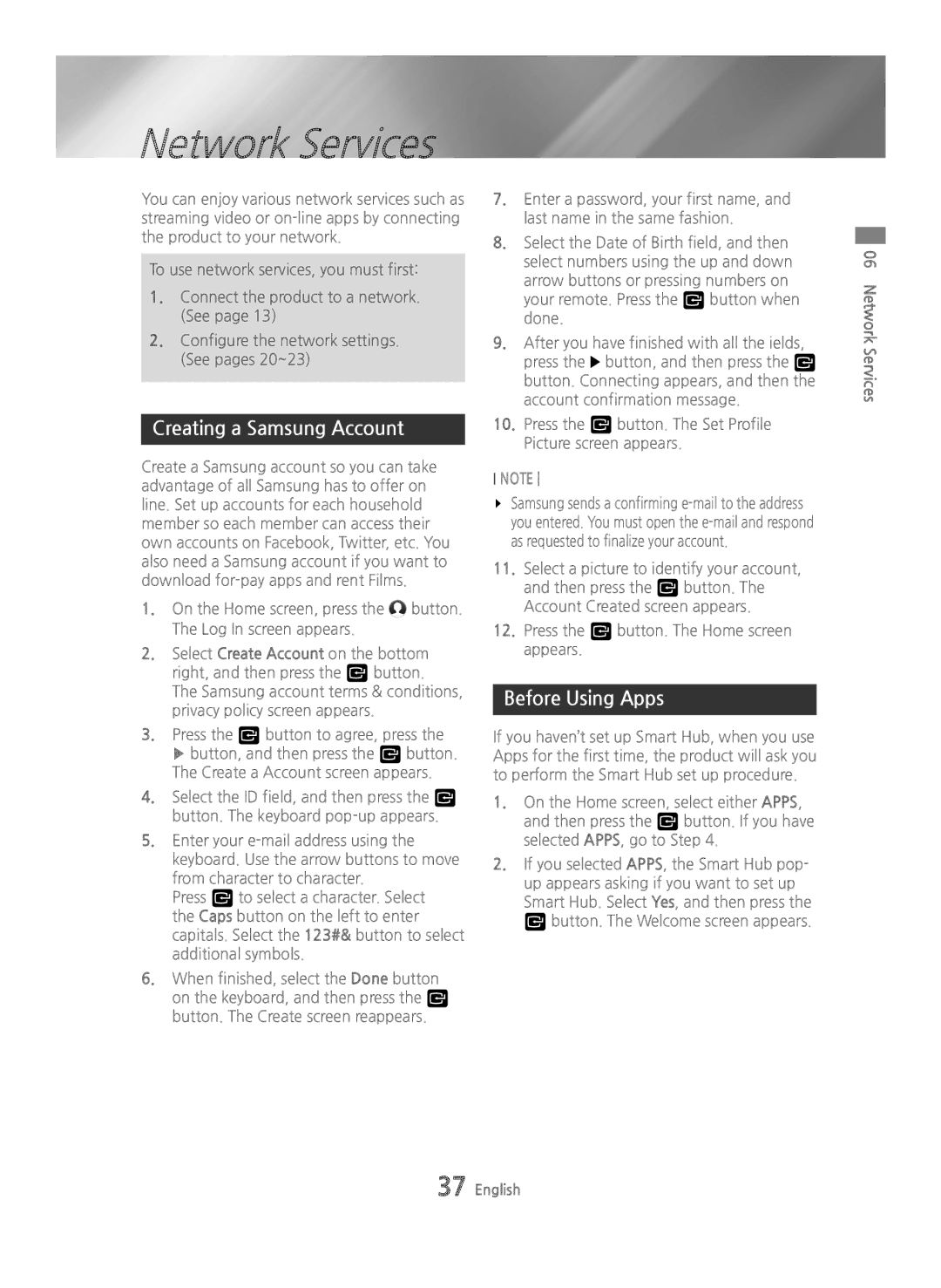 Samsung BD-H6500/XU, BD-H6500/EN, BD-H6500/ZF, BD-H6500/XE Network Services, Creating a Samsung Account, Before Using Apps 
