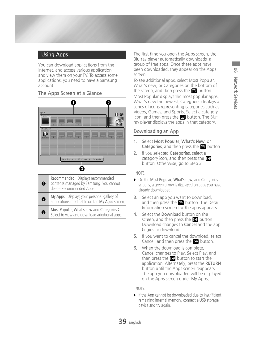 Samsung BD-H6500/XN, BD-H6500/EN Using Apps, Apps Screen at a Glance, Downloading an App, Recommended Displays recommended 