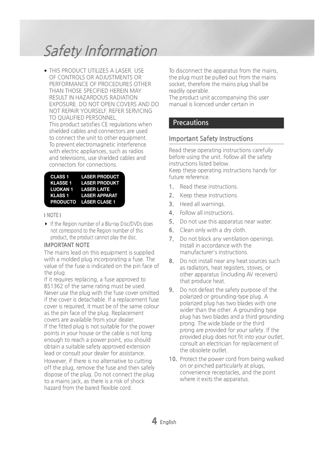 Samsung BD-H6500/XN, BD-H6500/EN, BD-H6500/ZF, BD-H6500/XU manual Precautions, Important Safety Instructions, Important Note 