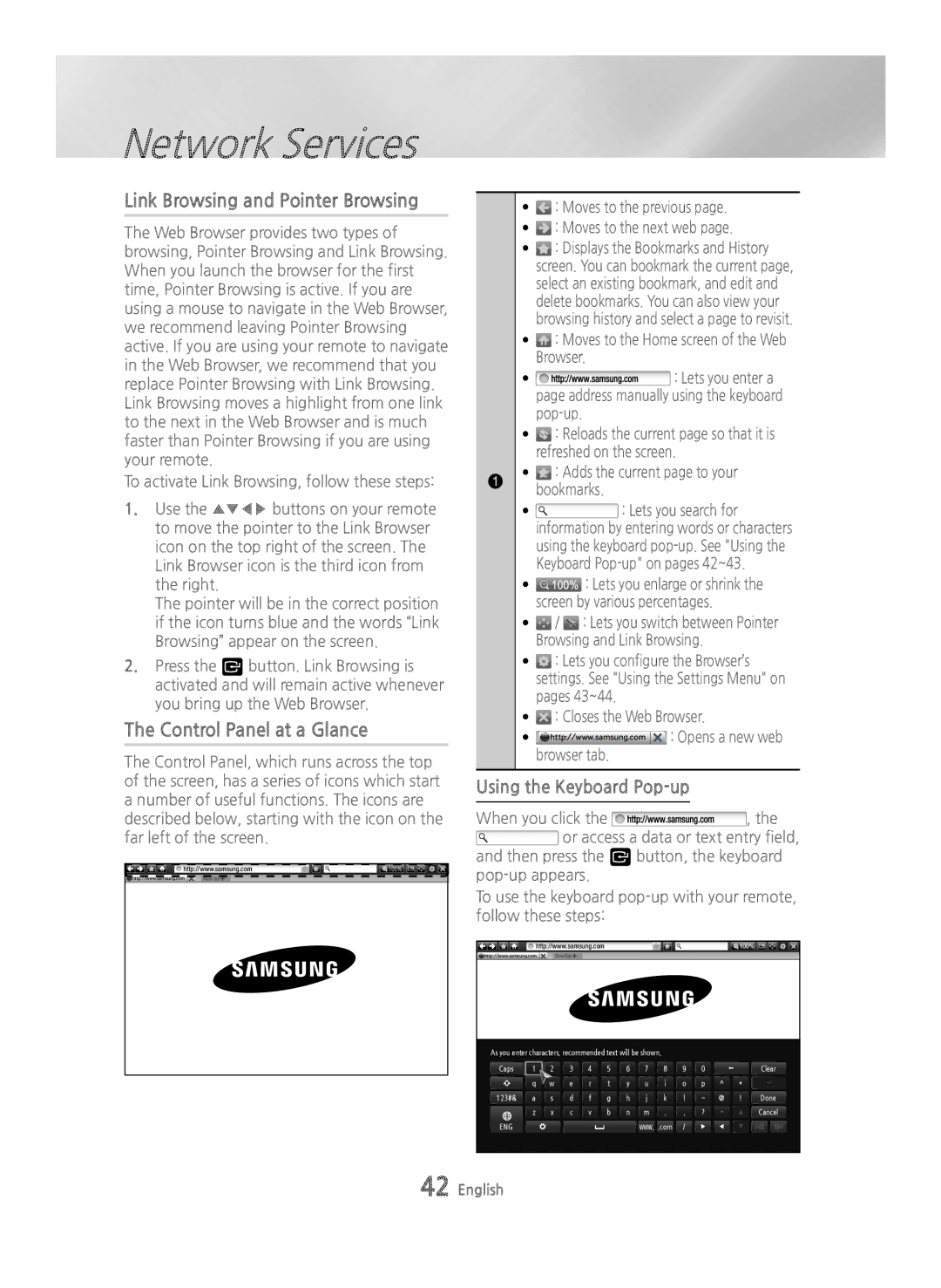 Samsung BD-H6500/XU, BD-H6500/EN Link Browsing and Pointer Browsing, Control Panel at a Glance, Using the Keyboard Pop-up 