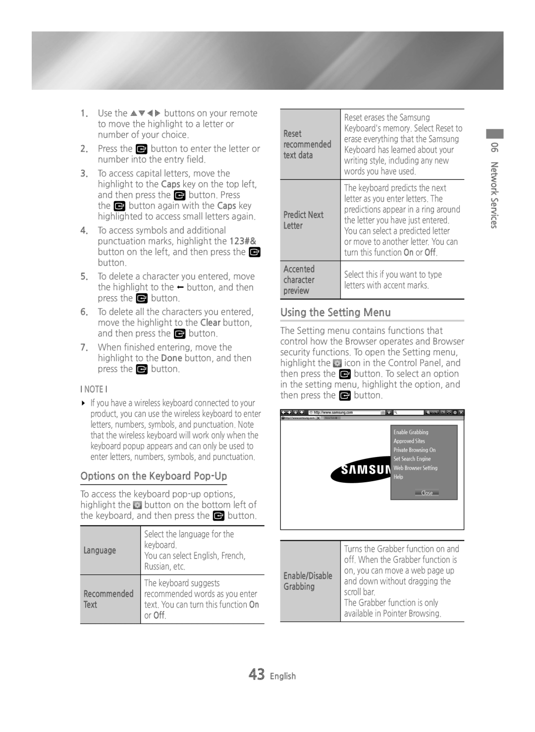 Samsung BD-H6500/XE, BD-H6500/EN, BD-H6500/ZF, BD-H6500/XU manual Using the Setting Menu, Options on the Keyboard Pop-Up 